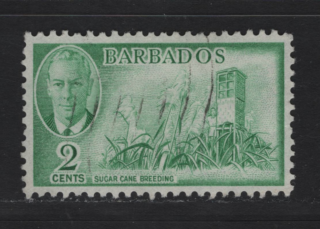 Lot 341 Barbados  #272var 2c Emerald Green Sugar Cane, 1950-1952 King George VI Pictorial Issue, A VF Used Single 1950 Printing On Very Thin, Translucent Paper, Distinctly Thinner Than Normal, Unlisted in Gibbons