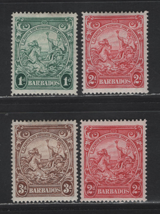 Lot 345 Barbados (C) #249c, 250e, 252b 1d-3d Green, Carmine & Brown Badge Of The Colony, 1938-1950 King George VI Defintive Issue, 4 VFOG Singles Perf. 14 1942 Printings On Opaque Paper With Barely Visible Watermark
