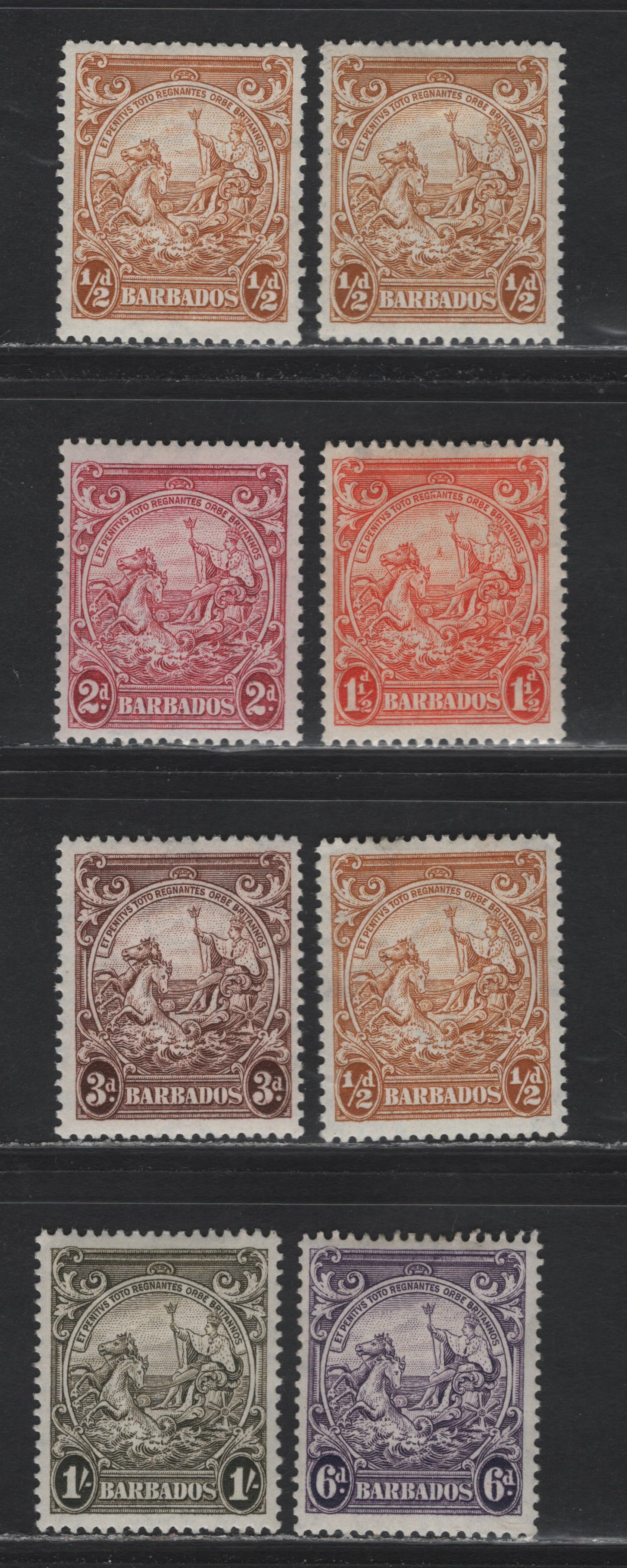 Lot 346 Barbados (C) #248bc, 250, 250c, 252, 254, 245a 1/2d-1/- Yellow Bistre - Deep Brown Olive, 1938-1950 King George VI Defintive Issue, 8 Fine & VFOG Singles Perf. 13.5 x 13 1942 & 1945 Printings On Opaque Paper With Barely Visible Wmk