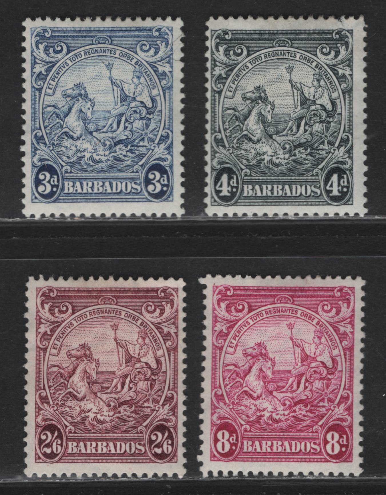 Lot 347 Barbados (C) #252c, 253, 254a, 256 3d-2/6d Blue-Claret Badge Of The Colony, 1938-1950 King George VI Defintive Issue, 4 Fine & VFOG Singles 1947-1948 Printings, Perf. 13.5 x 13 On Opaque White Paper With Smooth Gum & Barely Visible Wmk