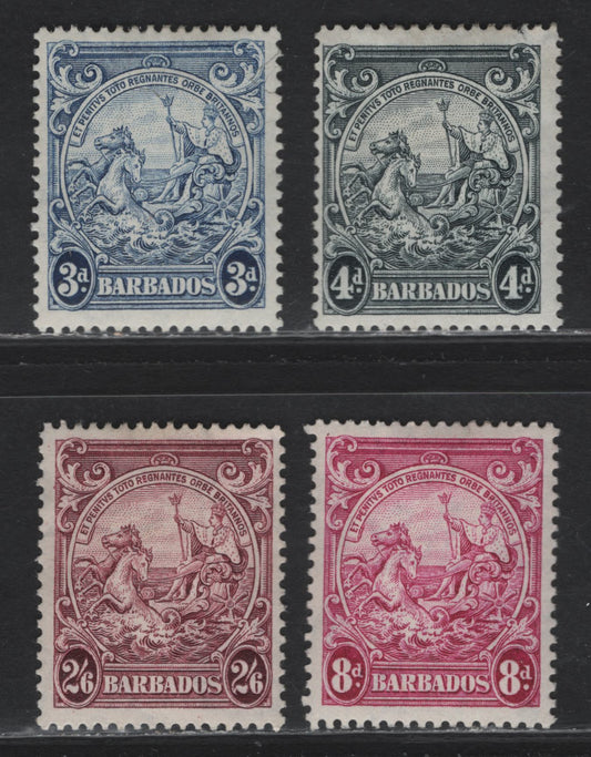 Lot 347 Barbados (C) #252c, 253, 254a, 256 3d-2/6d Blue-Claret Badge Of The Colony, 1938-1950 King George VI Defintive Issue, 4 Fine & VFOG Singles 1947-1948 Printings, Perf. 13.5 x 13 On Opaque White Paper With Smooth Gum & Barely Visible Wmk