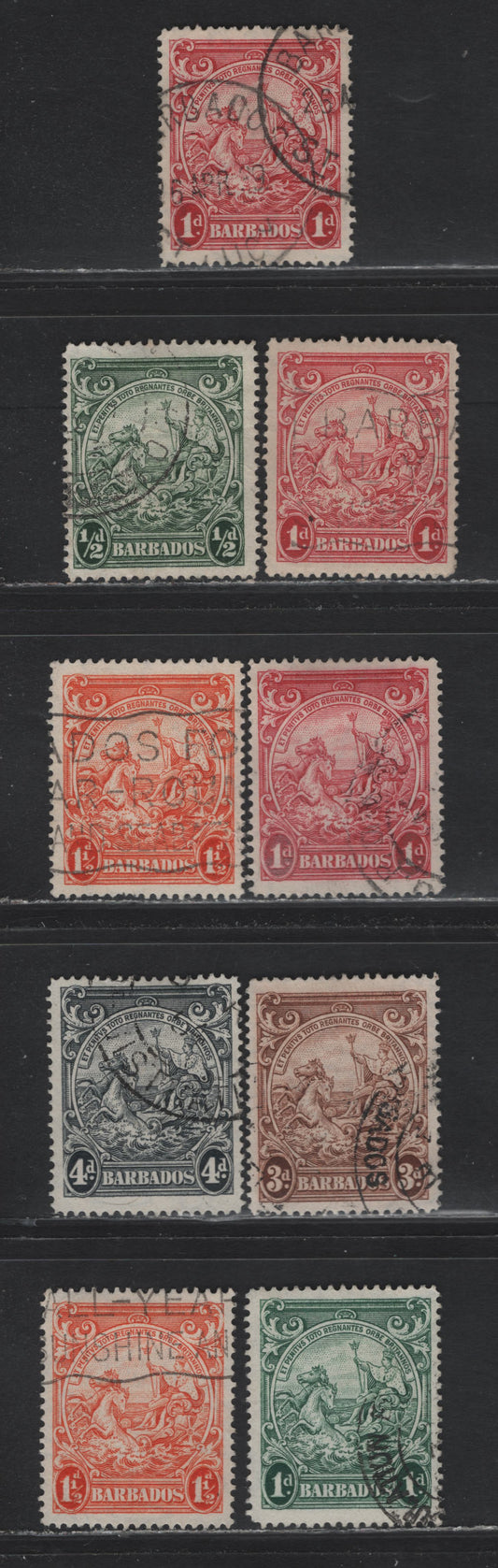Lot 349 Barbados (C) #248b, 249a, 249bc, 250b, 251b, 253d 1/2d-4d Green - Black Badge Of The Colony, 1938-1950 King George VI Defintive Issue, 9 Fine & VF Used Singles 1938 & 1942 Printings, Perf. 14 On Opaque Paper With Barely Visible to Clear Wmk