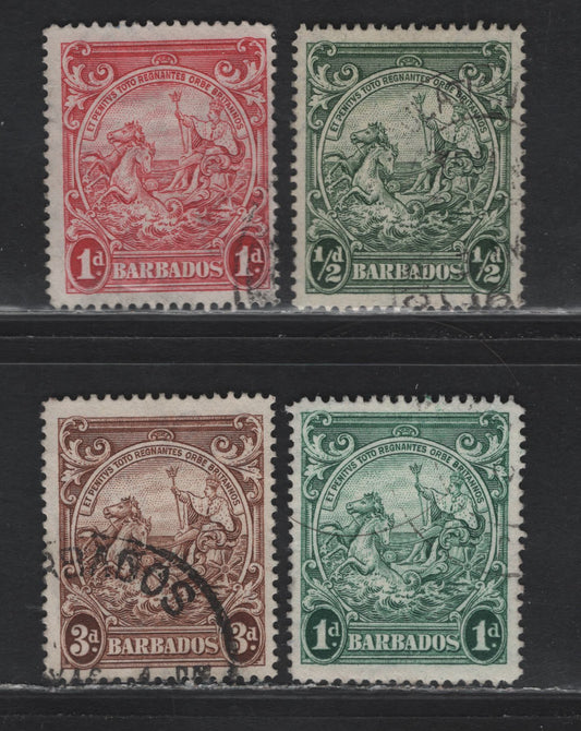 Lot 350 Barbados (C) #248b, 249a, 249bc, 251b 1/2d-3d Green-Brown Badge Of The Colony, 1938-1950 King George VI Defintive Issue, 4 Fine & VF Used Singles 1938 & 1942-1943 Printings, Perf. 14 On Opaque Paper With Clearly Visible Wmk