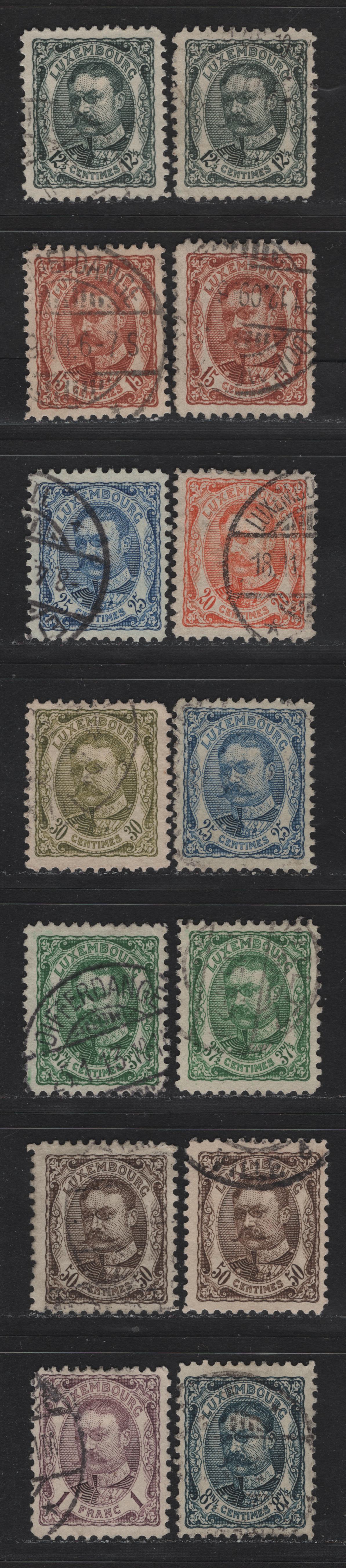 Lot 35 Luxembourg SC#83-91 12.5c - 1fr Slate Green - Violet , 1906-1926 Grand Duke William IV Issue, 14 Very Fine Used Singles, Includes Shades Of 12.5c, Both Perfs Of 15c, 25c, 37.5c & 50c (Perfs 11 & 11.5x11)