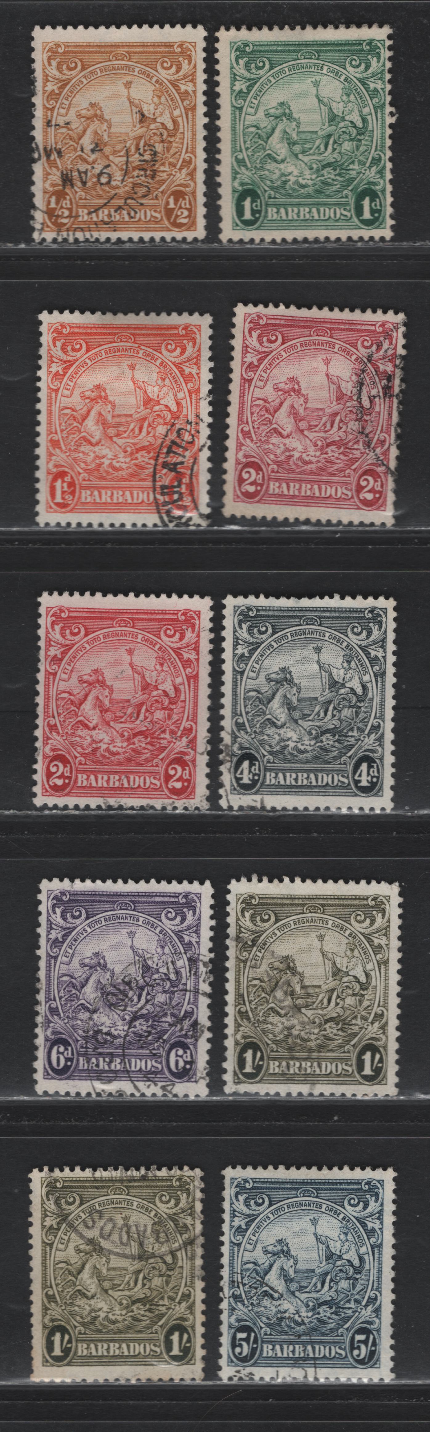 Lot 353 Barbados #248c, 249b, 250, 250c, 250d, 253, 254, 255, 256a 1/2d-5/- Yellow Bistre - Indigo Badge Of The Colony, 1938-1950 King George VI Defintive Issue, 10 Fine & VF Used Singles 1941-1942 Printings On Opaque Paper With Barely Visible Wmk