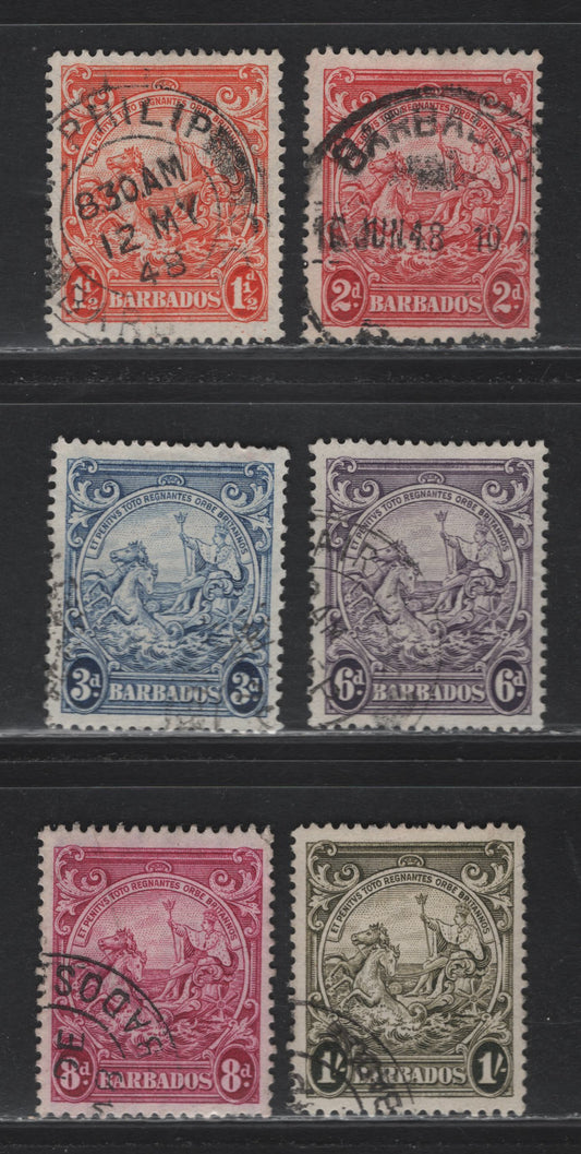 Lot 355 Barbados (C) #250, 250d, 252c, 254, 255a, 254a 1.5d-1/- Red-Orange - Deep Brown Olive Badge Of The Colony, 1938-1950 King George VI Defintive Issue, 6 Fine & VF Used Singles 1947-1948 Printings Perf. 13.5 x 13, 8d Has A Diagonal Crease