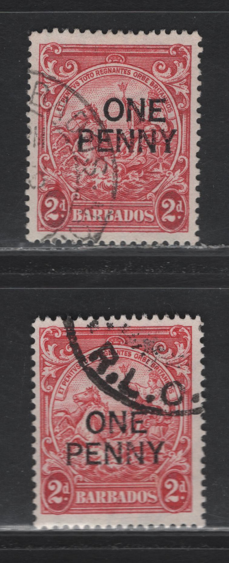 Lot 357 Barbados #264e 1d on 2d  Carmine Badge Of The Colony, 1947 Surcharged Issue, 2 Fine & VF Used Singles Two Slightly Different Shades