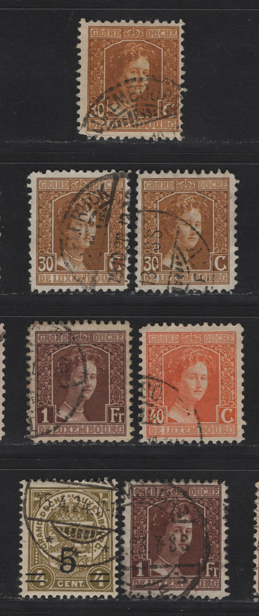 Lot 36 Luxembourg SC#102. 105. 109. 115 30c - 5c on 4c Bistre Orange Brown - Bistre , 1914-1917 Grand Duchess Marie Adelaide Issue, 7 Fine/Very Fine Used Singles, Perfs 11.5 & 12.5, Includes 3 Shades Of 30c & Two Of The 1fr