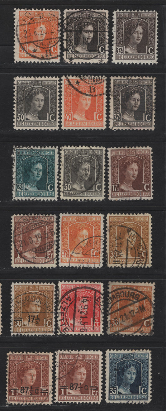Lot 37 Luxembourg SC#100/124 17.5c - 57.5c on 1fr Deep Brown - Orange Brown , 1914-1917 Grand Duchess Marie Adelaide Issue, 18 Very Fine Used Singles, Perf 11.5x11, Extra Unlisted Shade Variations Of Several Values