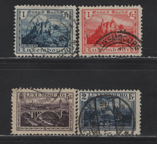 Lot 38 Luxembourg SC#126-128, 130b 1fr - 5fr Carmine - Dark Violet , 1921-1934 Pictorial Issue, 4 Very Fine Used Singles, Perfs 11.5x11 & 11.5