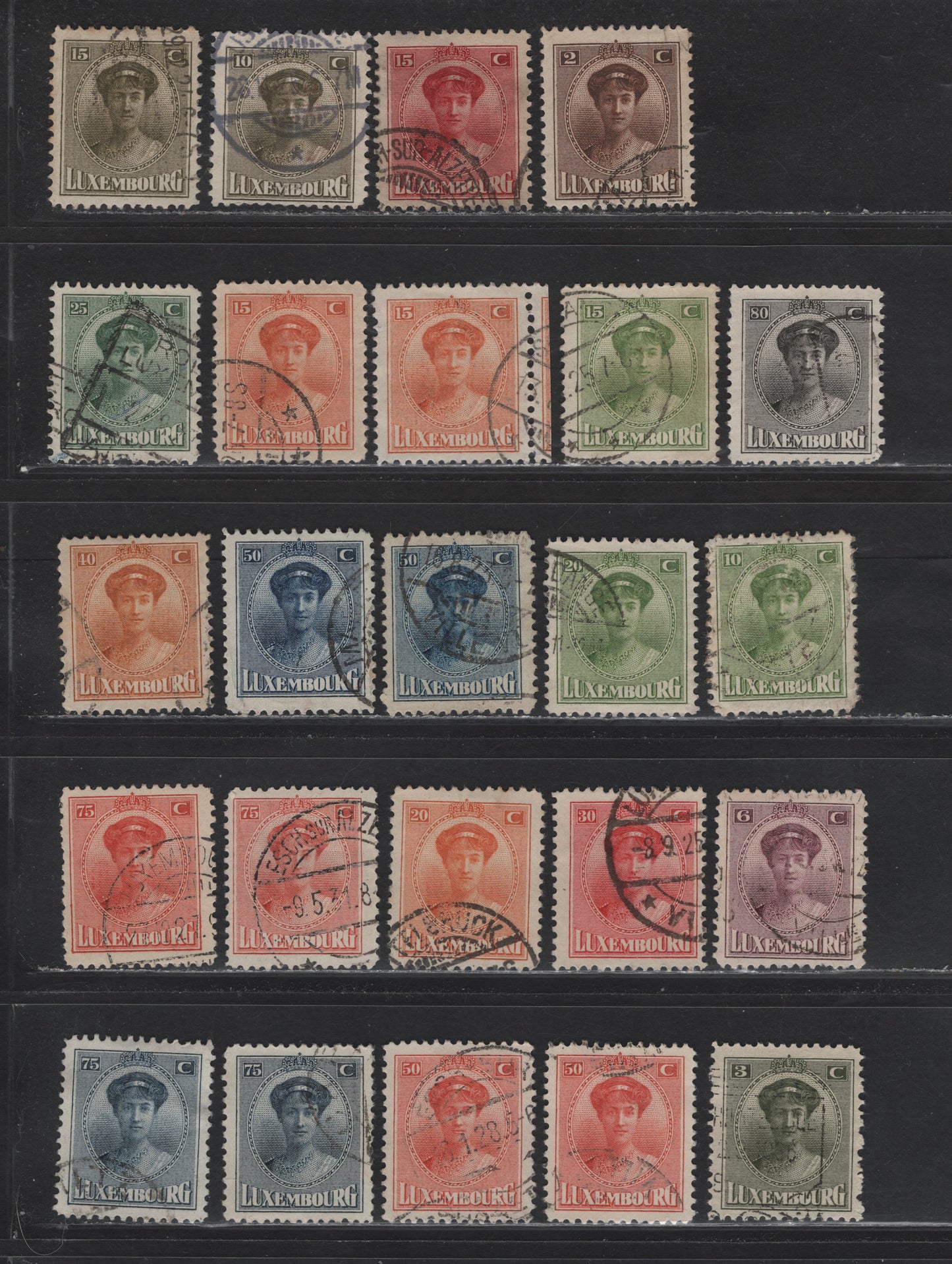 Lot 40 Luxembourg SC#125, 131-148 2c - 80c Brown - Black , 1921-1926 Grand Duchess Charlotte Issue, 24 Fine/Very Fine Used Singles, Subtle Shade Variations