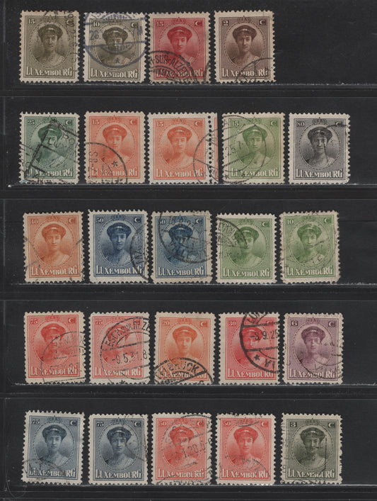 Lot 40 Luxembourg SC#125, 131-148 2c - 80c Brown - Black , 1921-1926 Grand Duchess Charlotte Issue, 24 Fine/Very Fine Used Singles, Subtle Shade Variations