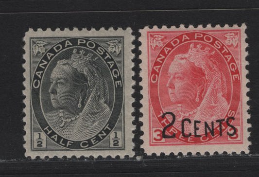 Lot 4 Canada (C) #74, 88 1/2c - 2c on 3c Black - Deep Rosine Queen Victoria, 1898-1902 Numeral & Provisional Issues, 2 FNH Singles, ABN-EE & ABN-II Papers, Perfs 11.85 & 12x11.9, 18x21mm & 17.5x21.25mm Designs.