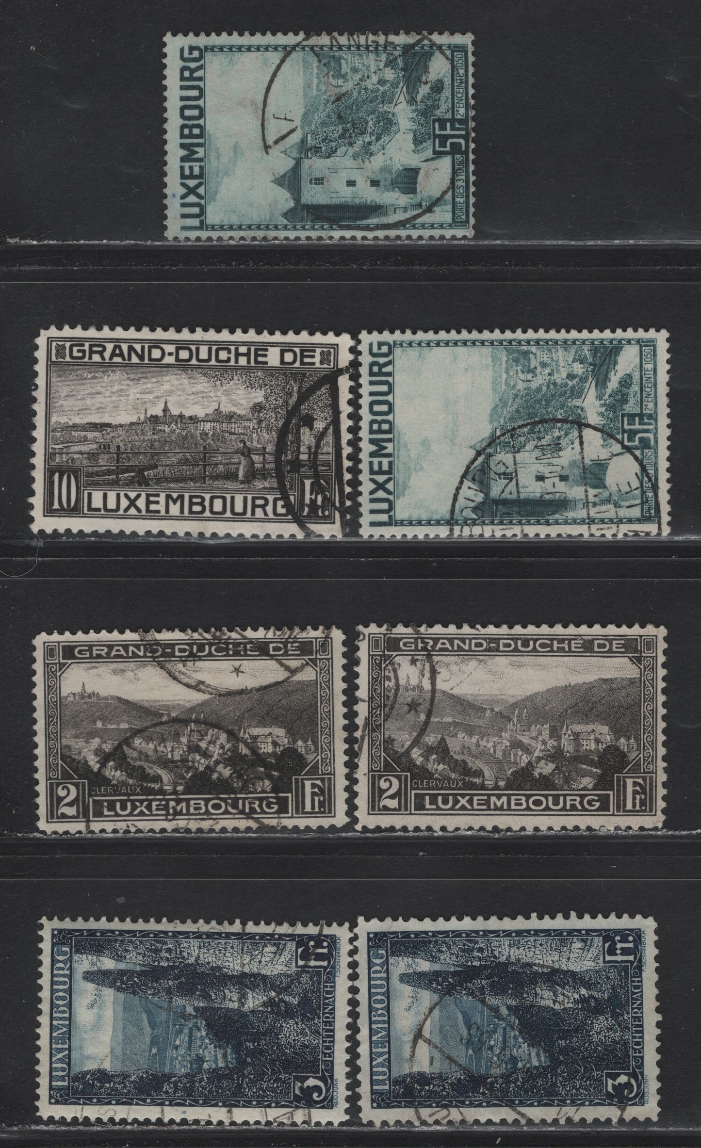 Lot 41 Luxembourg SC#152, 194-a, 153-, 198 10fr - 5fr Black - Blue Green , 1923-1934 High Value Pictorial Issues, 7 Very Fine Used Singles, Perfs 11.5 & 12.5, Includes 2 Shades Of 5fr Blue Green