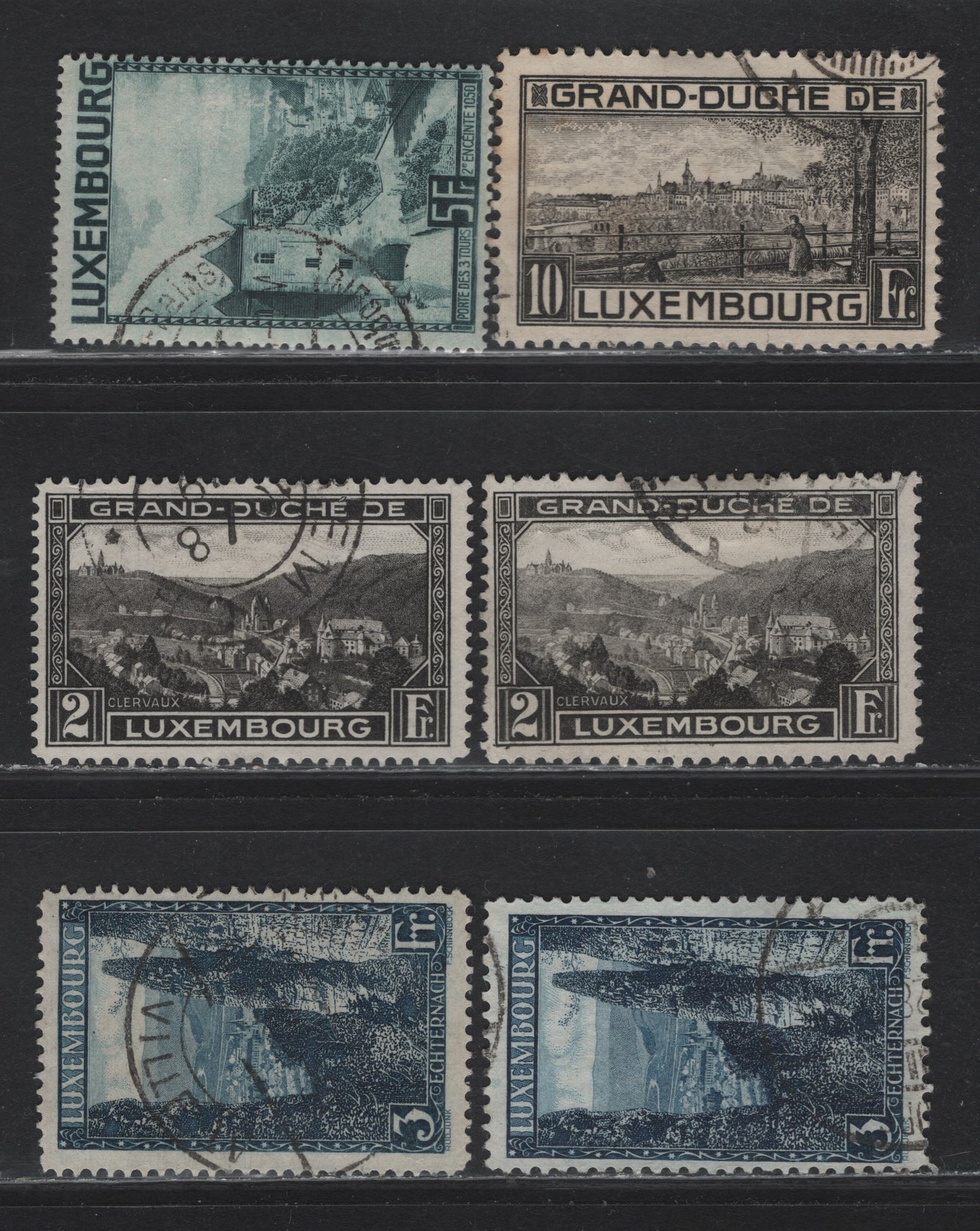 Lot 42 Luxembourg SC#152, 153-a, 194-a, 198 10fr - 5fr Black - Blue Green , 1923-1934 High Value Pictorial Issues, 6 Fine Used Singles, Perfs 11.5 & 12.5