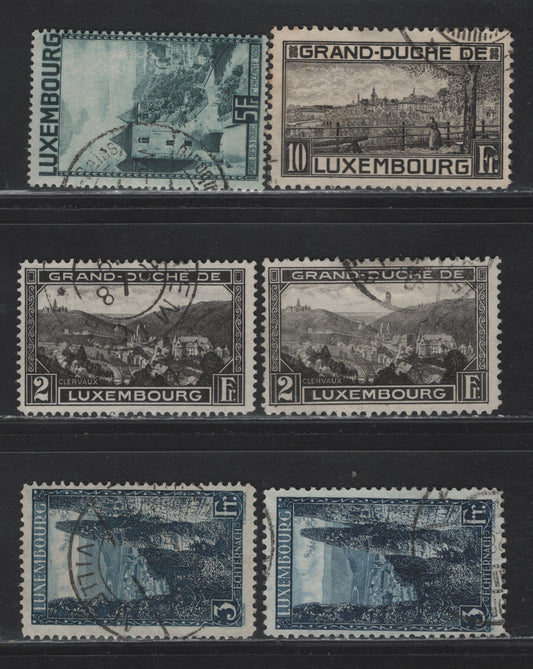 Lot 42 Luxembourg SC#152, 153-a, 194-a, 198 10fr - 5fr Black - Blue Green , 1923-1934 High Value Pictorial Issues, 6 Fine Used Singles, Perfs 11.5 & 12.5