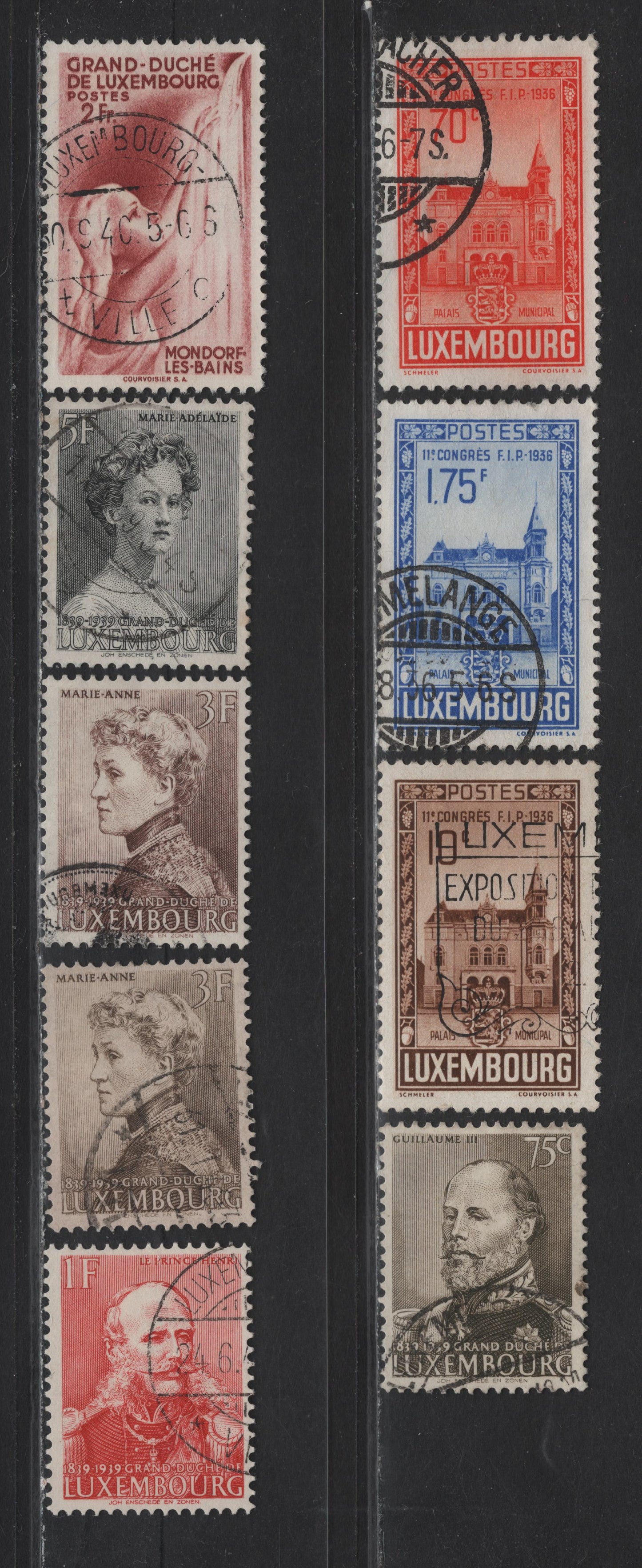 Lot 43 Luxembourg SC#200, 202, 205, 209-210, 213-214, 216 10c - 2fr Brown - Brown Rose , 1936-1939 11th Congress of Int'l Federation of Philately - Mondord-Les-Bains Issues, 9 Very Fine Used Singles, Includes 2 Shades Of 3fr From 1939 Issue