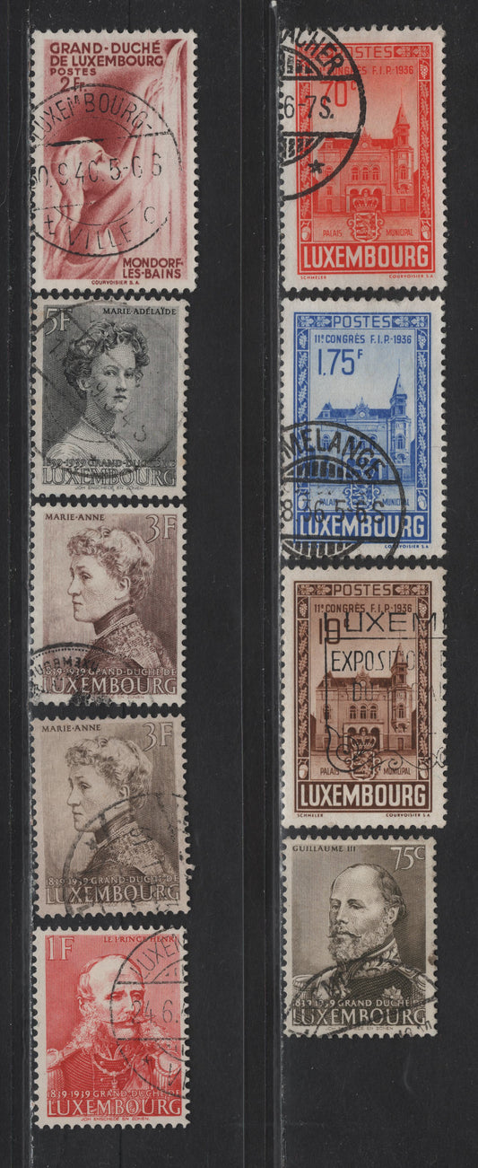 Lot 43 Luxembourg SC#200, 202, 205, 209-210, 213-214, 216 10c - 2fr Brown - Brown Rose , 1936-1939 11th Congress of Int'l Federation of Philately - Mondord-Les-Bains Issues, 9 Very Fine Used Singles, Includes 2 Shades Of 3fr From 1939 Issue
