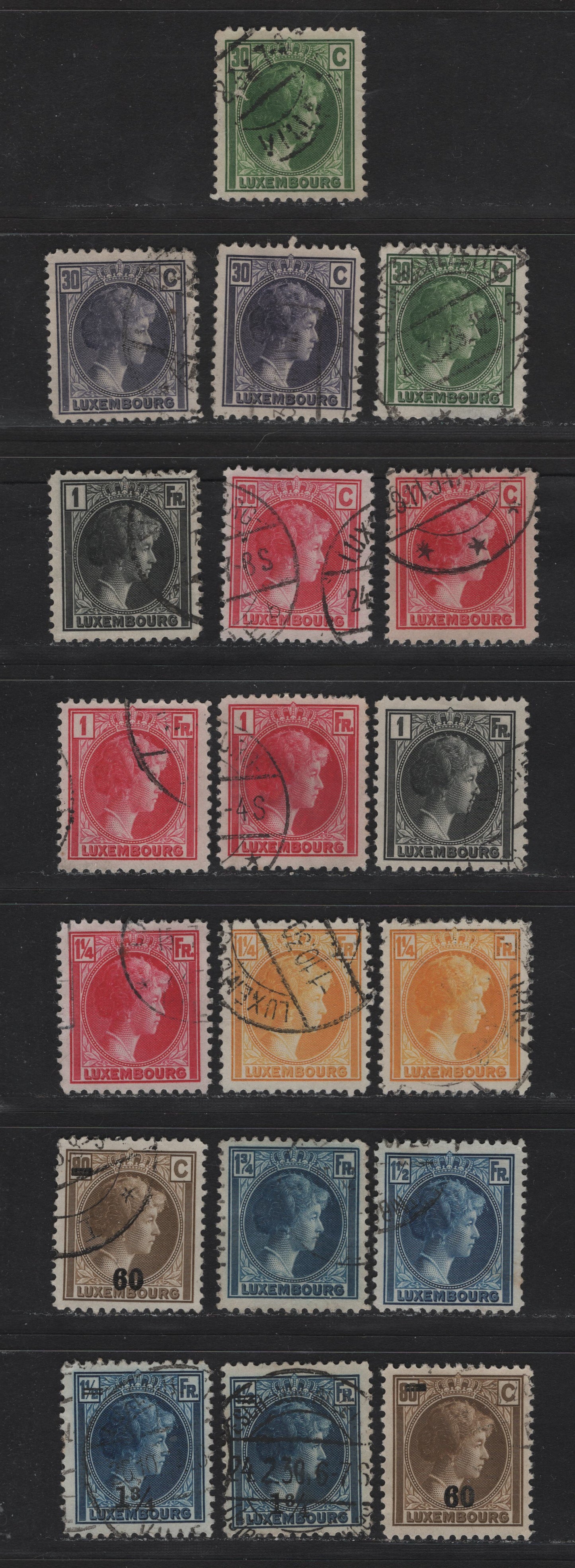 Lot 45 Luxembourg SC#165-166, 177-179, 181, 183, 185, 190, 193 30c - 1.75 on 1.5fr Yellow Green - Deep Blue , 1926-1935 Grand Duchess Carlotte & Surcharged Issues, 19 Fine/Very Fine Used Singles