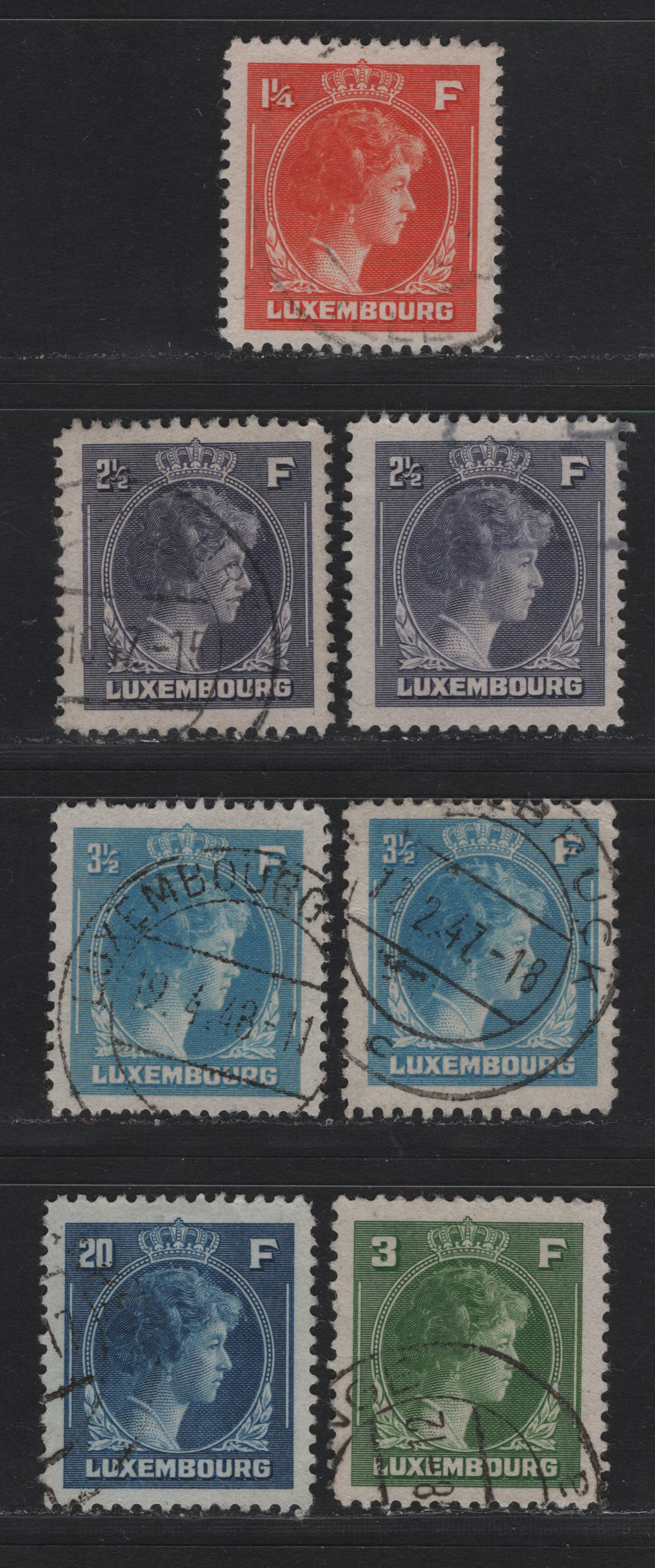 Lot 46 Luxembourg SC#225, 229-231, 234 1.25f - 20f Orange - Deep Blue , 1944-1946 Grand Duchess Charlotte Issue, 7 Fine/Very Fine Used Singles, Including 2 Different Printings Of 2.5f & 3.5f