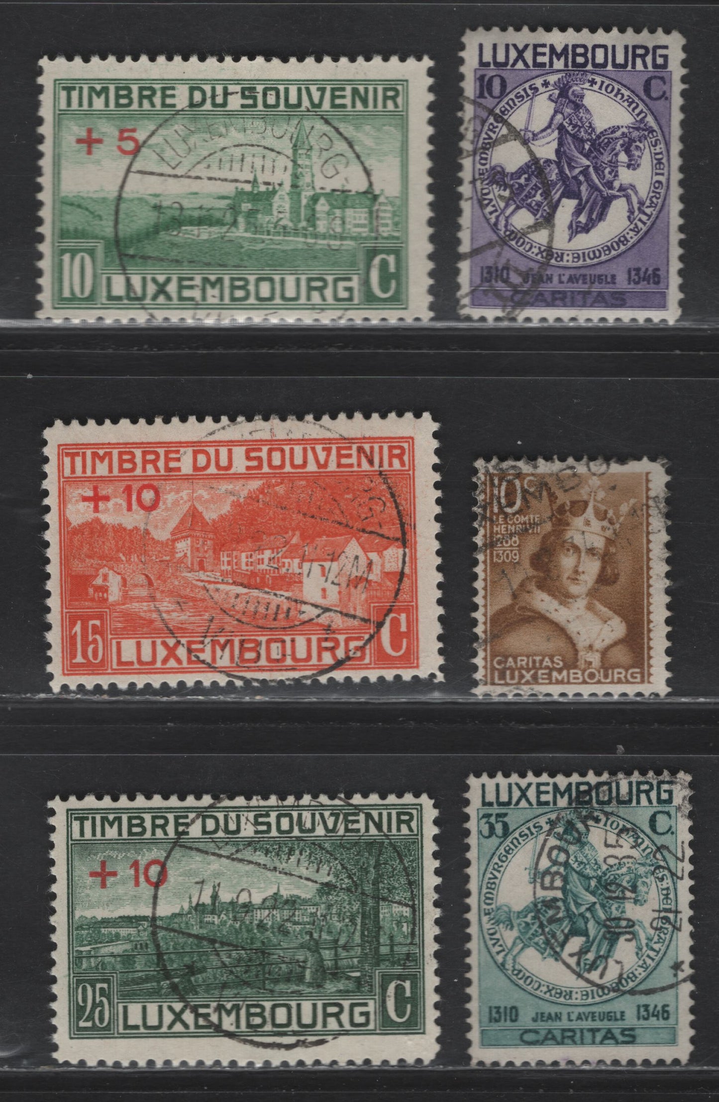 Lot 48 Luxembourg SC#B1-B3, B55, B60-B61 10c+5c - 25c+10c Green - Deep Green , 1921-1934 WW1 Monument - John the Blind Semi Postal Issues, 6 Fine/Very Fine Used Singles