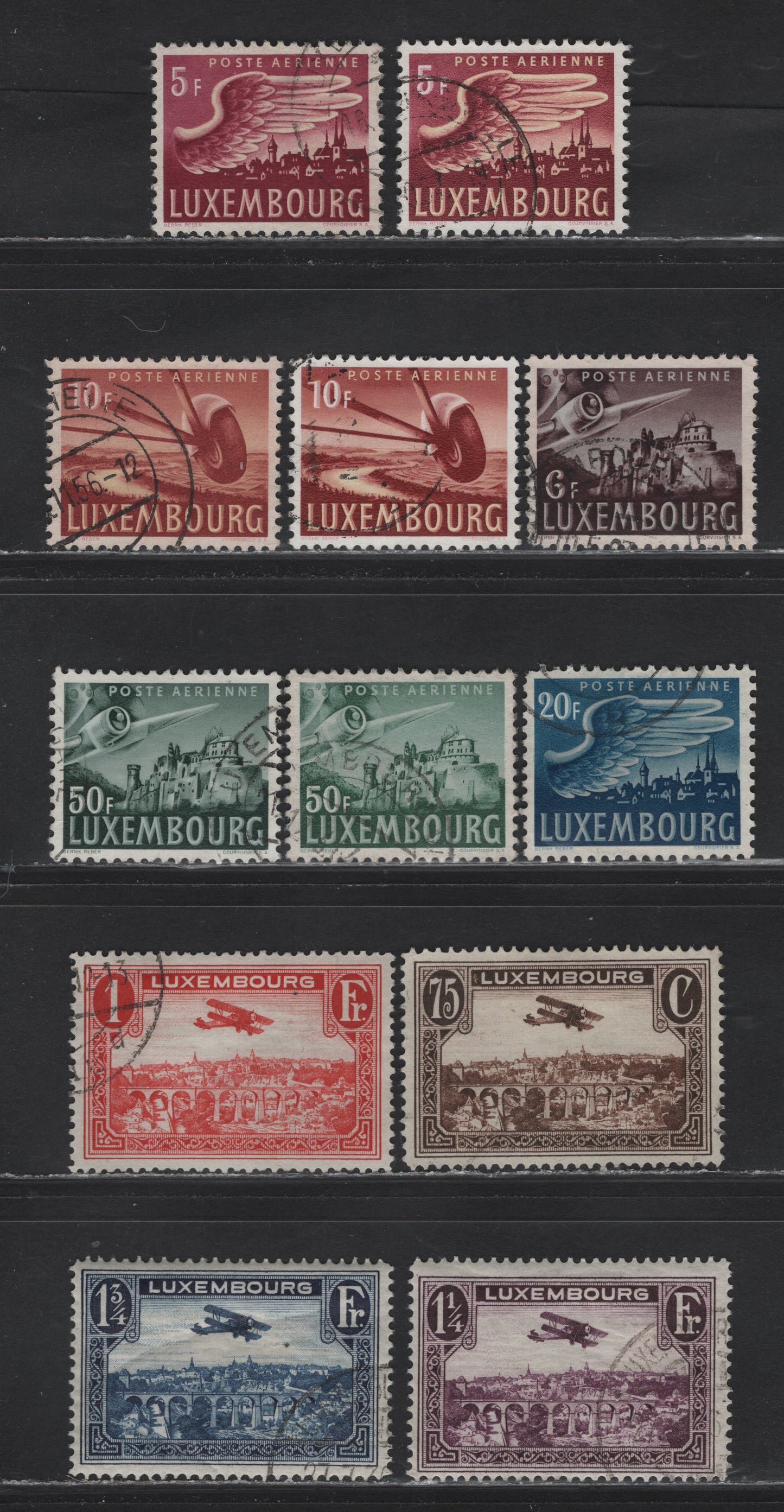 Lot 50 Luxembourg SC#C2-C5, C11-C15 75c - 50fr Dark Brown - Dark Green & Gray , 1931-1946 Airmail Issues, 9 Fine/Very Fine Used Singles, Including Shade Varieties Of The Photogravure Set