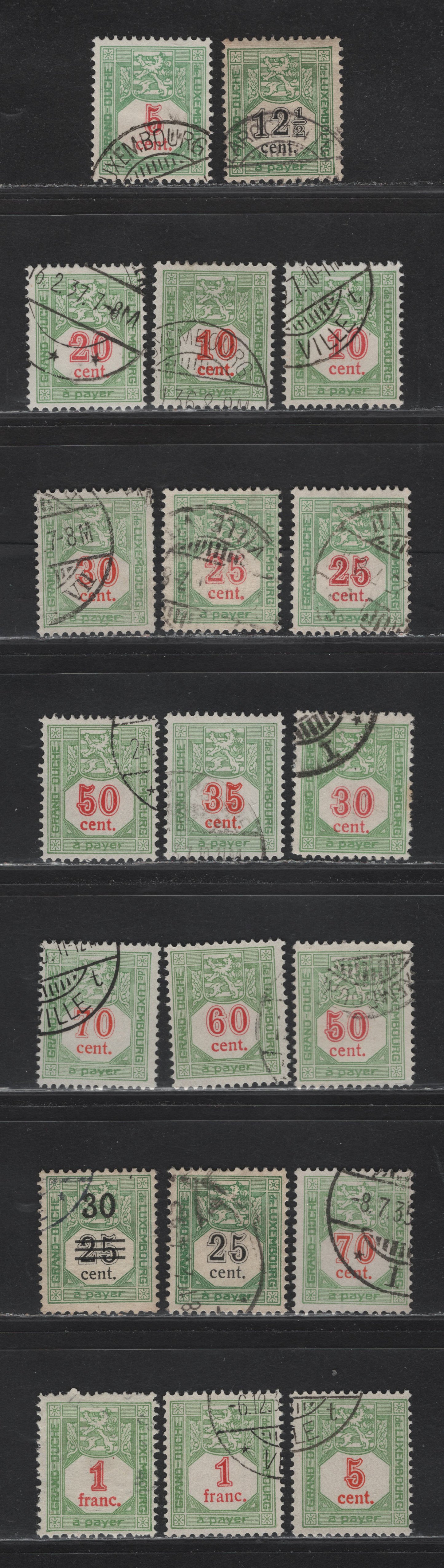 Lot 51 Luxembourg SC#J3, J5, J9-J20 12.5c - 1fr Green & Black - Green & Vermillion , 1907-1935 Arms Design Postage Dues, 20 Fine Used Singles, Different Shades Of The Green & The Red Center From Different Printings