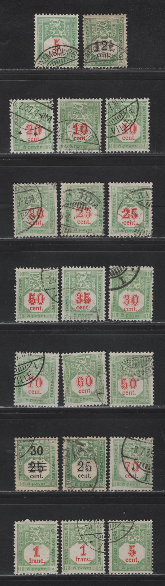 Lot 51 Luxembourg SC#J3, J5, J9-J20 12.5c - 1fr Green & Black - Green & Vermillion , 1907-1935 Arms Design Postage Dues, 20 Fine Used Singles, Different Shades Of The Green & The Red Center From Different Printings