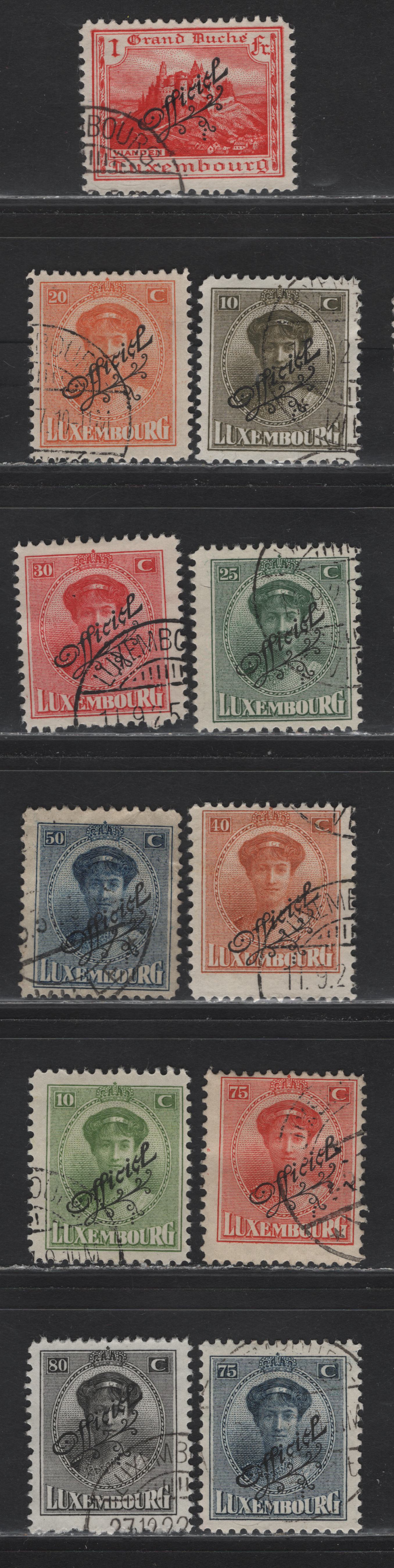 Lot 53 Luxembourg SC#O117-O118, O122, O123-O127, O129-O132 10c - 1fr Yellow Green - Carmine , 1922 Grand Duchess Charlotte & Pictorial Issues, 11 Fine/Very Fine Used Singles, With Official Overprints