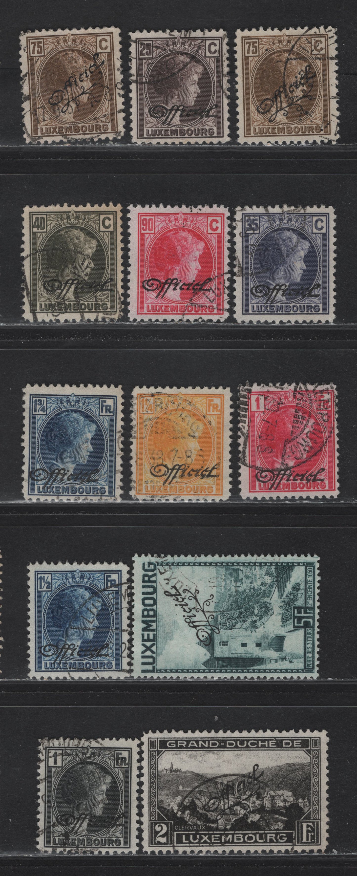 Lot 54 Luxembourg SC#O152/O181 75c - 5fr Bistre Brown - Blue Green , 1934 Grand Duchess Charlotte - High Value Definitive Issues, 13 Fine/Very Fine Used Singles, With Official Overprints, Two Different Shades Of 75c Bistre Brown