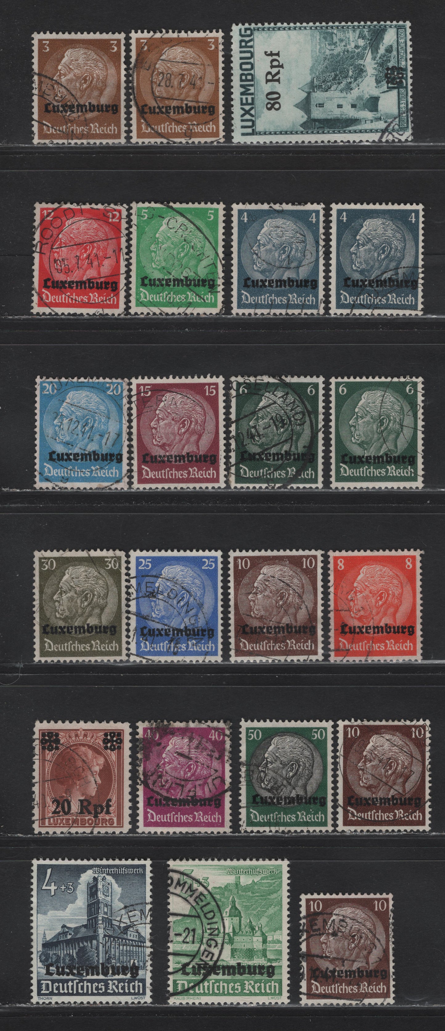 Lot 55 Luxembourg SC#N1-N13, N25, N31, NB2-NB3 3pf - 5pf+13pf Yellow Brown - Yellow Green , 1940-1941 German Occupation Issues, 17 Very Fine Used Singles, Some Shade Variations