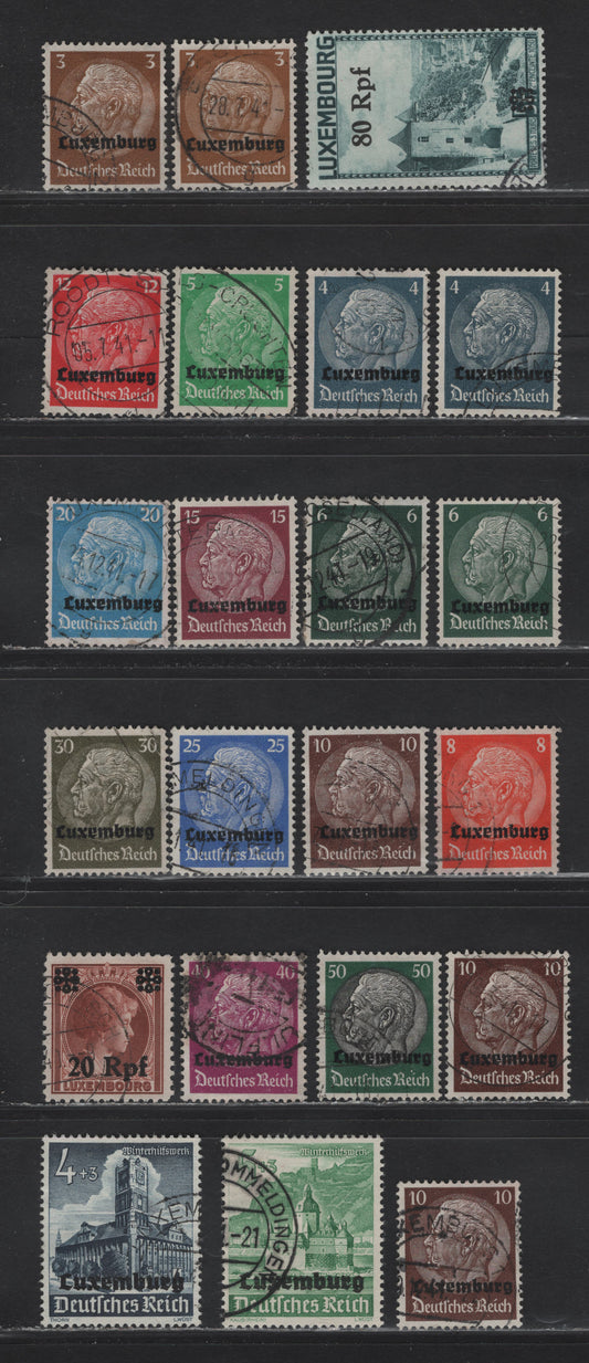 Lot 55 Luxembourg SC#N1-N13, N25, N31, NB2-NB3 3pf - 5pf+13pf Yellow Brown - Yellow Green , 1940-1941 German Occupation Issues, 17 Very Fine Used Singles, Some Shade Variations