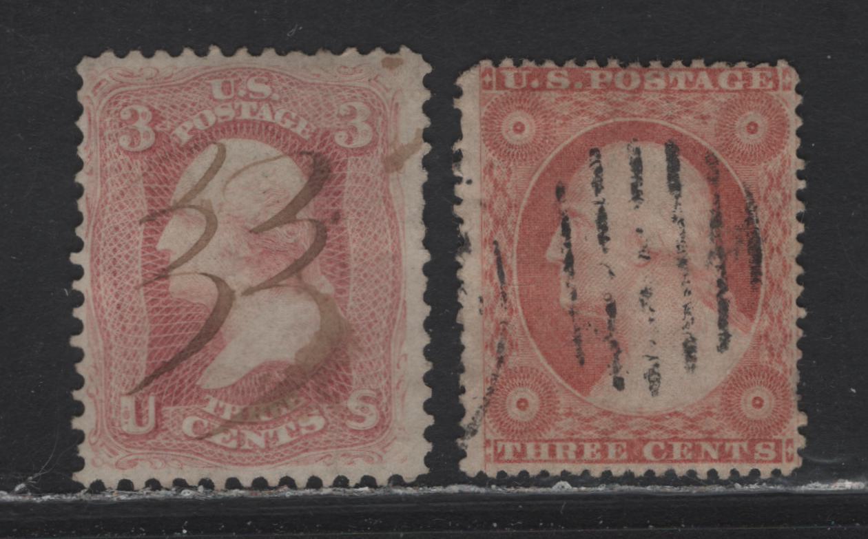 Lot 56 United States (C) SC#26, 65 3c Dull Red - Rose , 1857-1868 Perforated Topper Carpenter - Civil War Issues, 2 Fine Used Singles, Type III