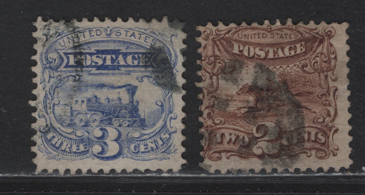 Lot 59 United States (C) SC#113-114 2c - 3c Brown - Ultramarine , 1869 Pictorial Issues, 2 Very Good/Very Fine Used Singles