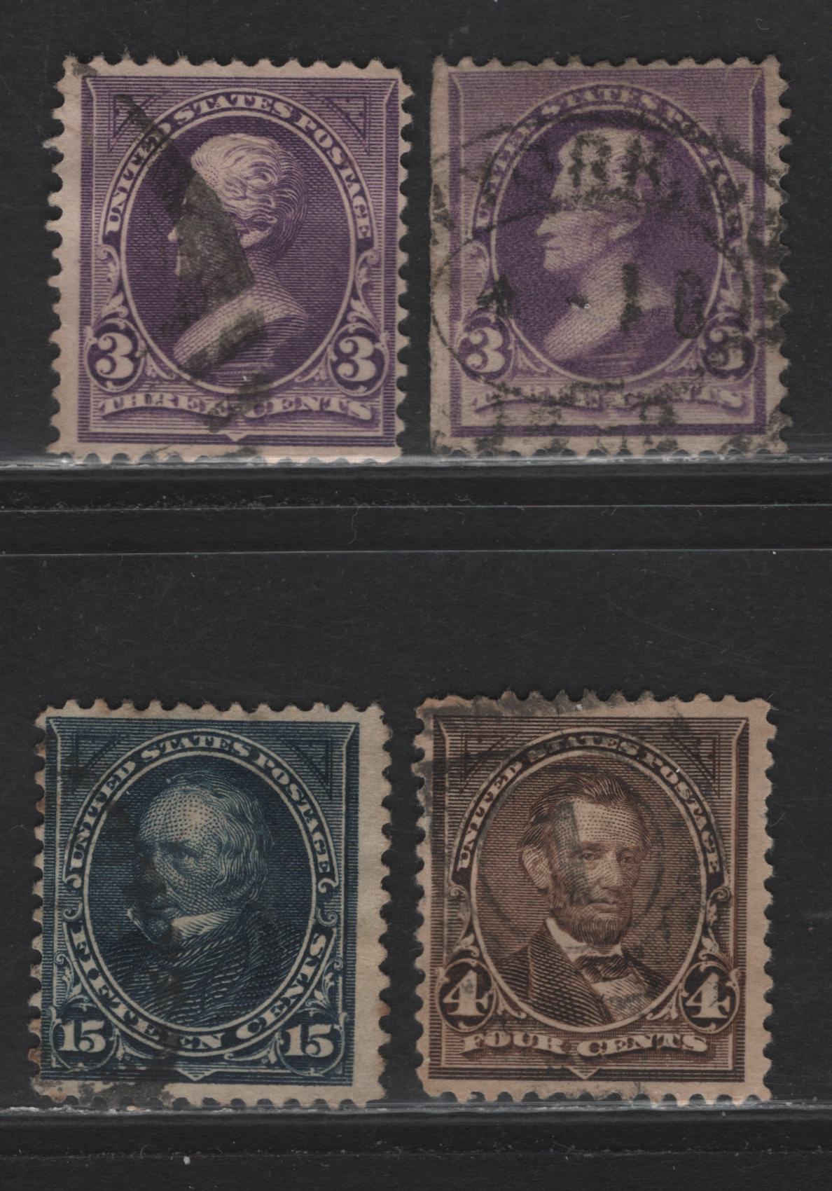 Lot 62 United States (C) SC#221, 268-269, 274 3c - 15c Purple - Dark Blue , 1890-1895 Small Bureau Banknotes Issue, 4 Fine Used Single, 3c Purple Unwatermarked, Rest Watermarked, Small Internal Wrinkle In wmked 3c