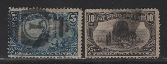 Lot 67 United States (C) SC#288, 290 5c - 10c+5c Dull Blue - Gray Green , 1898 Trans-Mississippi Issue, 2 Very Good Used Singles, 10c Has A Light Vertical Crease Ending In A Tiny Tear At Top