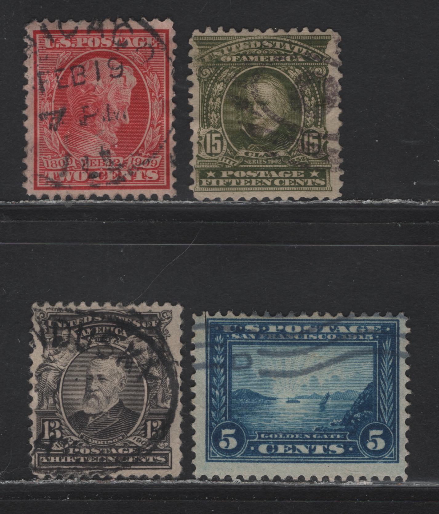 Lot 68 United States (C) SC#308-309, 367, 399 15c - 5c Olive Green - Blue , 1902-1913 Second Bureau - Panama Pacific Issues, 4 Fine/Very Fine Used Singles