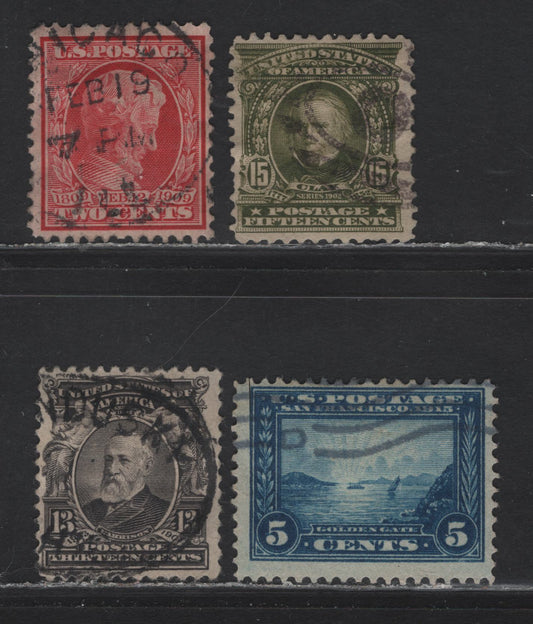 Lot 68 United States (C) SC#308-309, 367, 399 15c - 5c Olive Green - Blue , 1902-1913 Second Bureau - Panama Pacific Issues, 4 Fine/Very Fine Used Singles