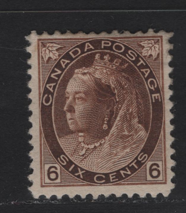 Lot 7 Canada (C) #80 6c Deep Yellow Brown Queen Victoria, 1898-1902 Numeral Issue, A FOG Single, ABN-RR Paper, Perf 11.85x12, 17.5x21mm Design.