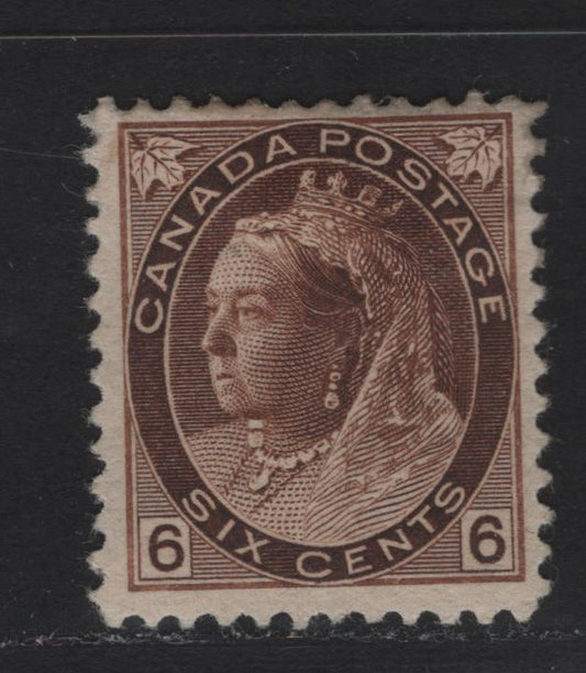 Lot 7 Canada (C) #80 6c Deep Yellow Brown Queen Victoria, 1898-1902 Numeral Issue, A FOG Single, ABN-RR Paper, Perf 11.85x12, 17.5x21mm Design.