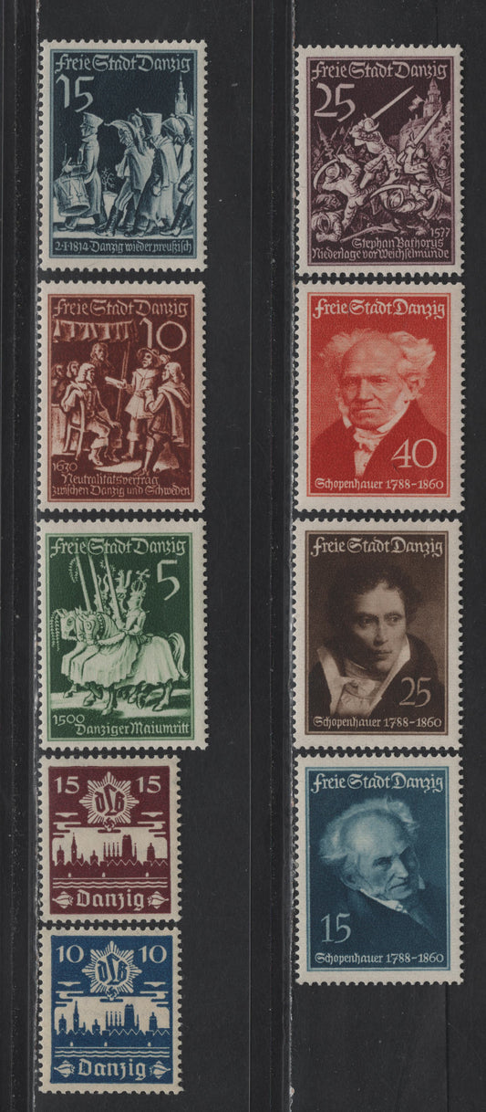 Lot 71 Danzig (C) SC#219-220, 222-224, 234-237 10pf - 25pf Dark Blue - Brown Violet , 1937-1939 Air Defence League - Stamp Day Issues, 9 F/VFNH Singles