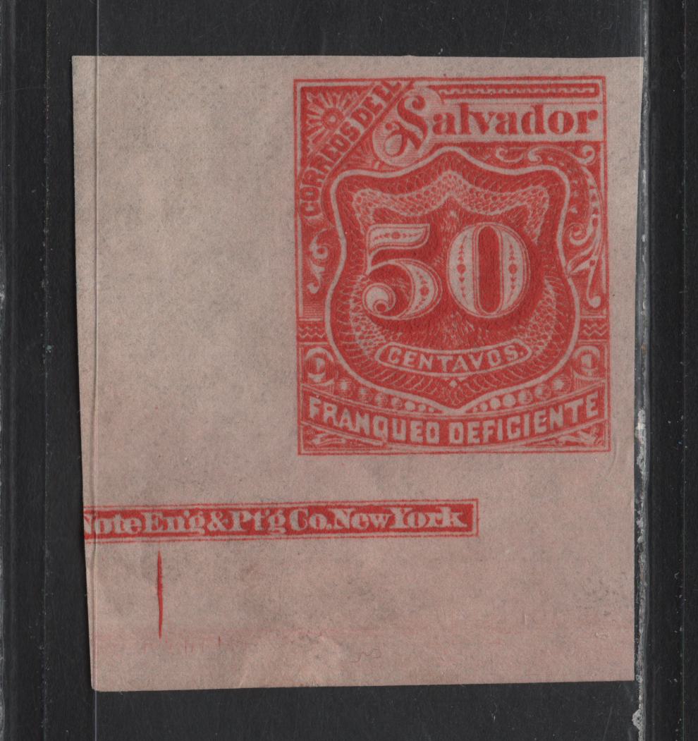Lot 76 El Salvador (C) SC#J21var 50c Red , 1896 Postage Due Issue, A VFOG Imperforate Single, Unwatermarked, With Partial Hamilton Bank Note Company Imprint, Likely A Proof.