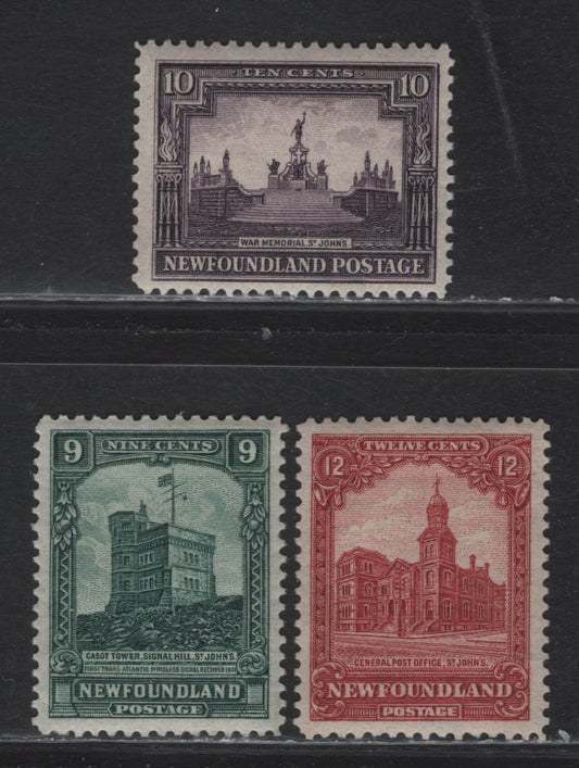 Lot 78 Newfoundland (C) #152-154 9c - 10c Myrtle Green - Dark Violet Cabot Tower - General Post Office, 1928 Pictorial Issue, 3 F/VFOG/NH Singles, WM-O, WM-G & WM-N Papers, Line Perf