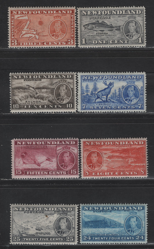 Lot 78A Newfoundland (C) #233, 234a, 235-237, 239, 241-242 1c - 25c Gray Black - Slate Codfish - Sealing Fleet, 1937 Long Coronation Issue, 8 F/VFNH Singles, Perforations/Dies As Follows