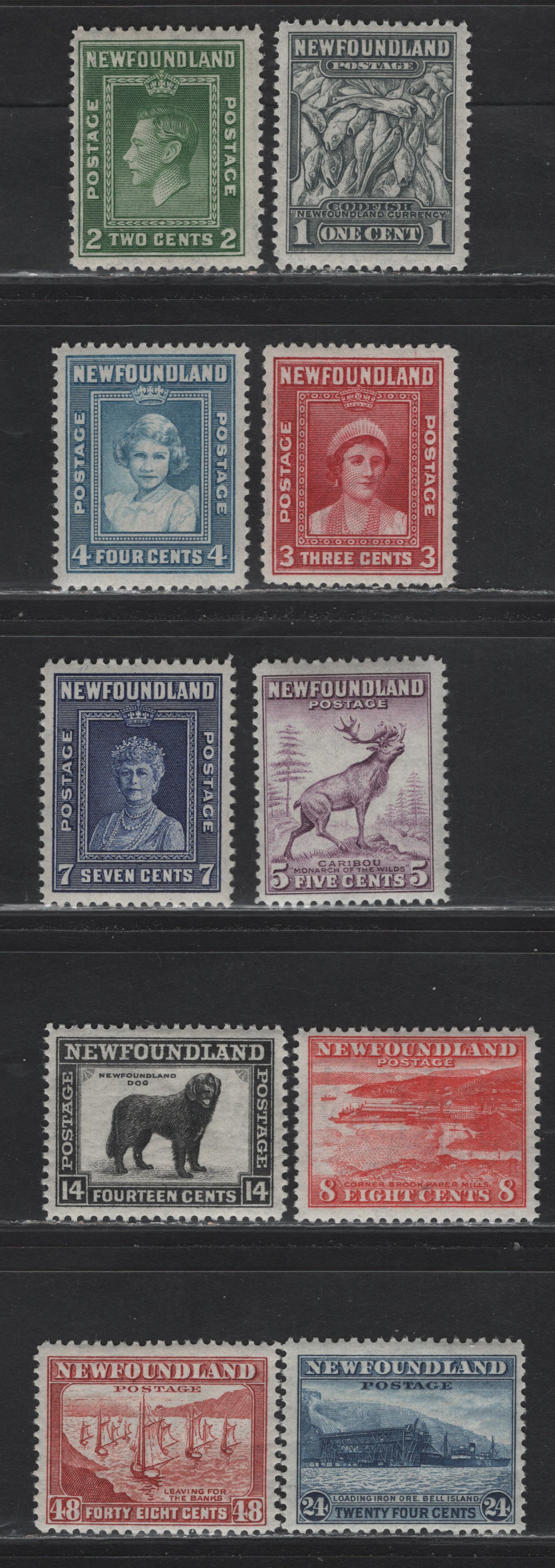 Lot 80A Newfoundland (C) #253-259, 261, 264, 266 1c - 48c Gray Black - Red Brown Codfish - Fishing Fleet, 1941-1944 Waterlow Resources Issue, 10 F/VFNH Singles, Line Perf 12.5