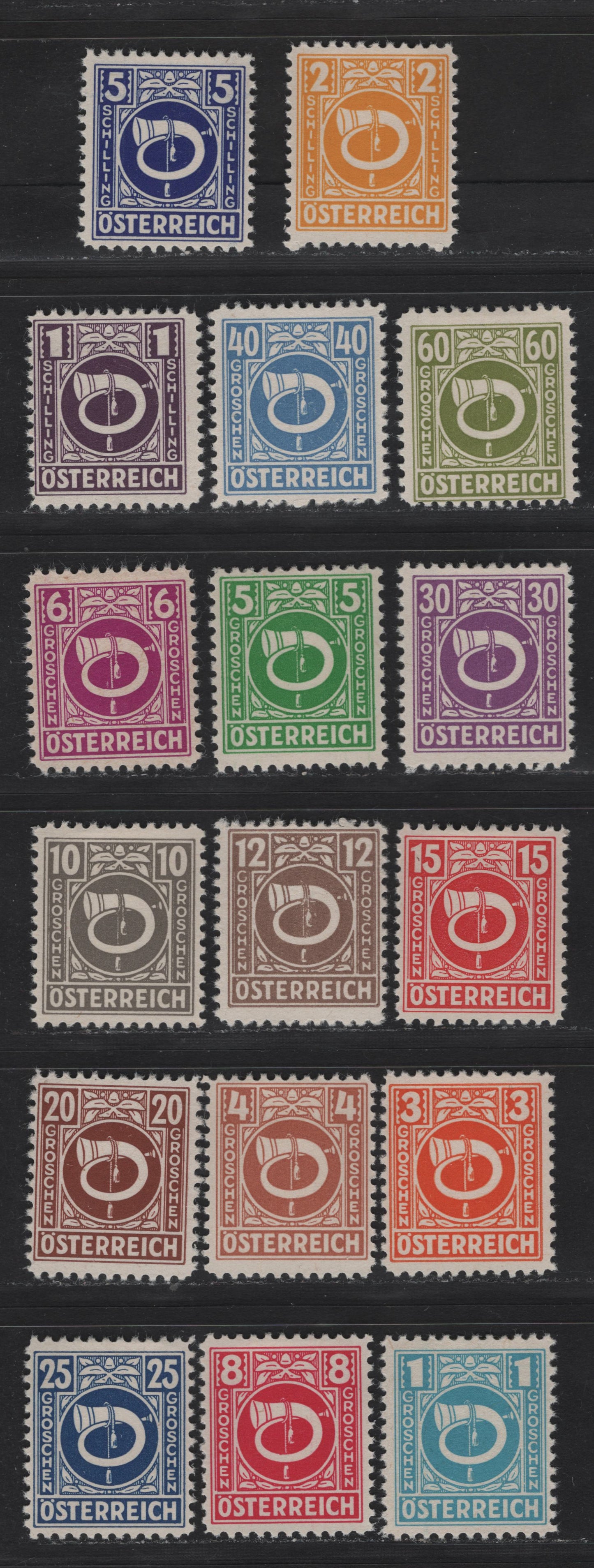 Lot 82 Austria SC#4N1-4N17 1g - 5s Aquamarine - Deep Ultramarine , 1945 Allied Military Gov't Posthorn Issue, 17 F/VFOG Singles