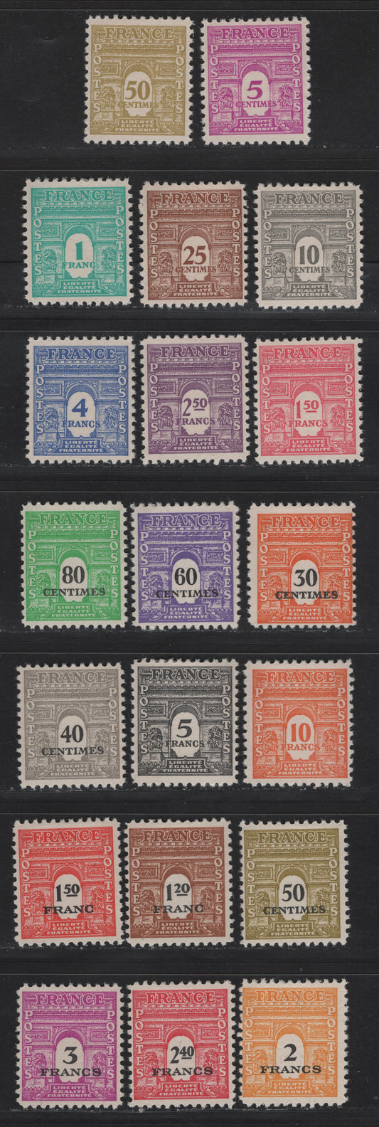 Lot 83 France SC#475-476H, 523A-J 5c - 3fr Bright Red Violet - Bright Red Violet & Black , 1944-1945 Arc de Triomphe Allied Military Gov't Issues, 20 F/VFOG Singles