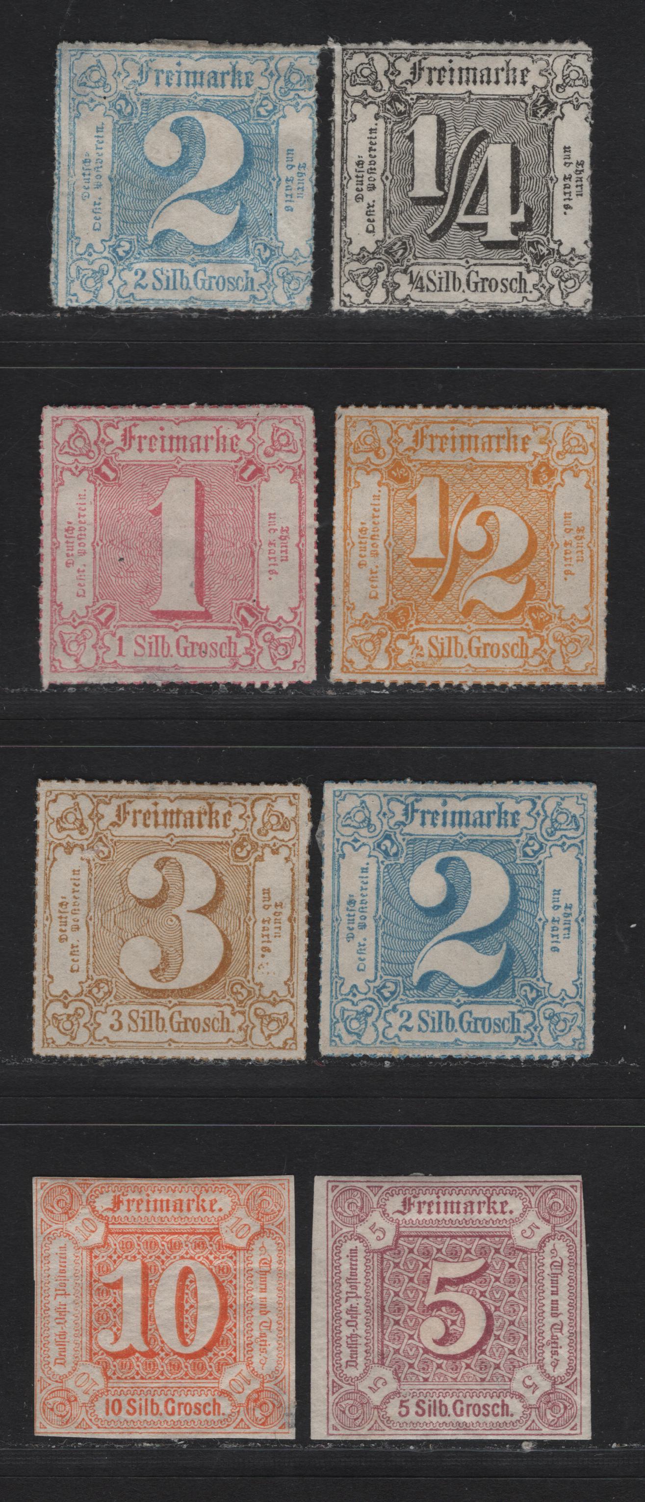 Lot 85 Germany - Thurn & Taxis SC#13-14, 21, 25, 29-32 5sgr - 3sgr Lilac -Bisre Brown , 1859-1866 Numeral Issues, 8 Good/Very Fine Used Singles, Imperf, Rouletted & Rouletted In Colored Lines