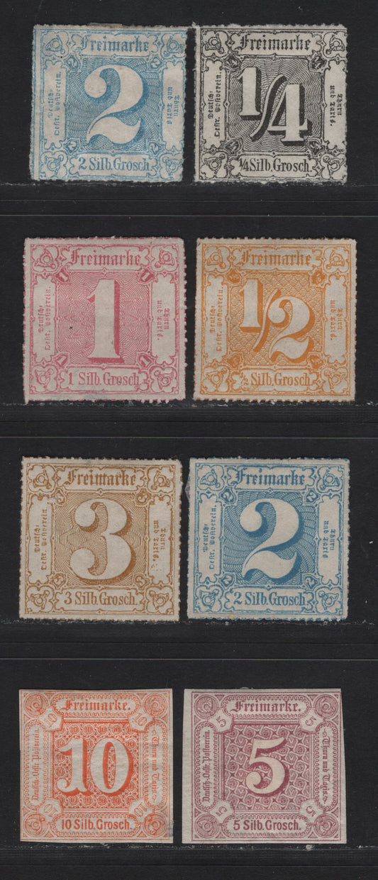 Lot 85 Germany - Thurn & Taxis SC#13-14, 21, 25, 29-32 5sgr - 3sgr Lilac -Bisre Brown , 1859-1866 Numeral Issues, 8 Good/Very Fine Used Singles, Imperf, Rouletted & Rouletted In Colored Lines