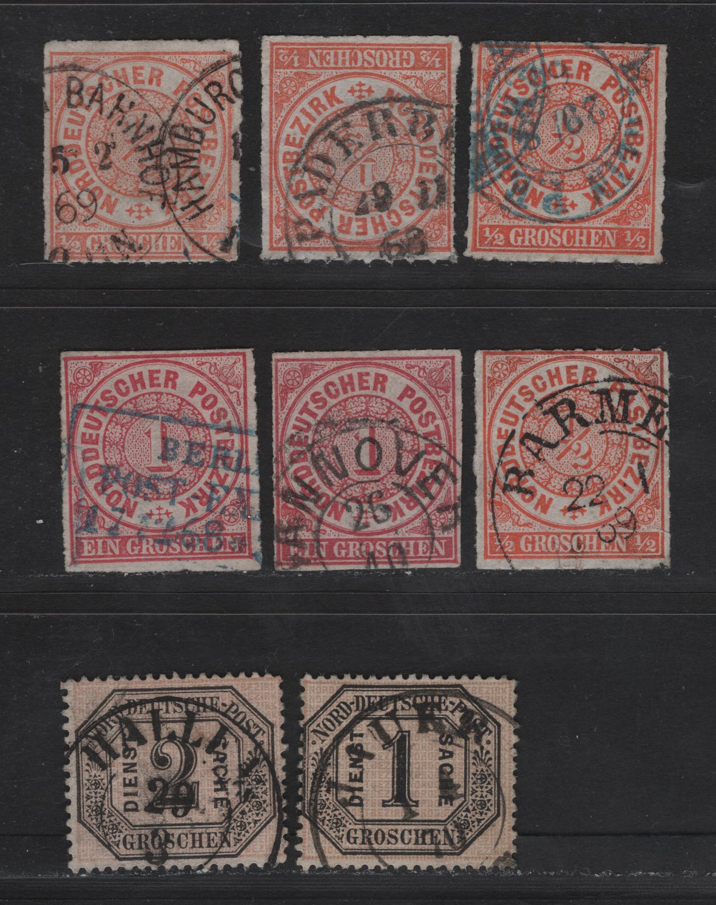 Lot 87 Germany - North German Confederation SC#3-4, O4-O5 1/3gr - 2gr Orange - Black & Buff , 1868-1870 Rouletted Numeral - Postage Dues, 8 Very Good/Fine/Very Fine Used Singles, Some Shade Variations Of the Orange & Different Cancels